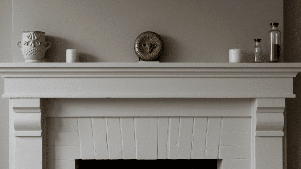 cape cod style house white fireplace mantel with simple trim, neutral decor, and classic clean coastal interior look
