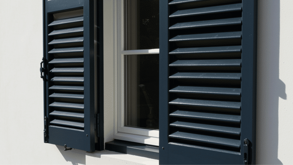 cape cod style house window with dark shutters, white trim, and simple coastal exterior detailing