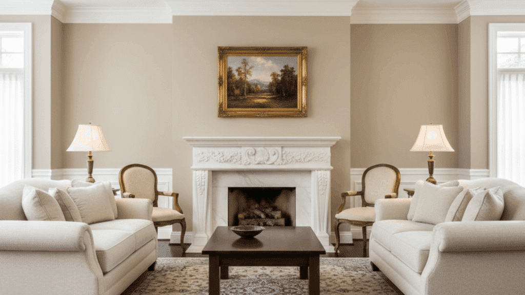 carved mantel fireplace as focal point in classic interior