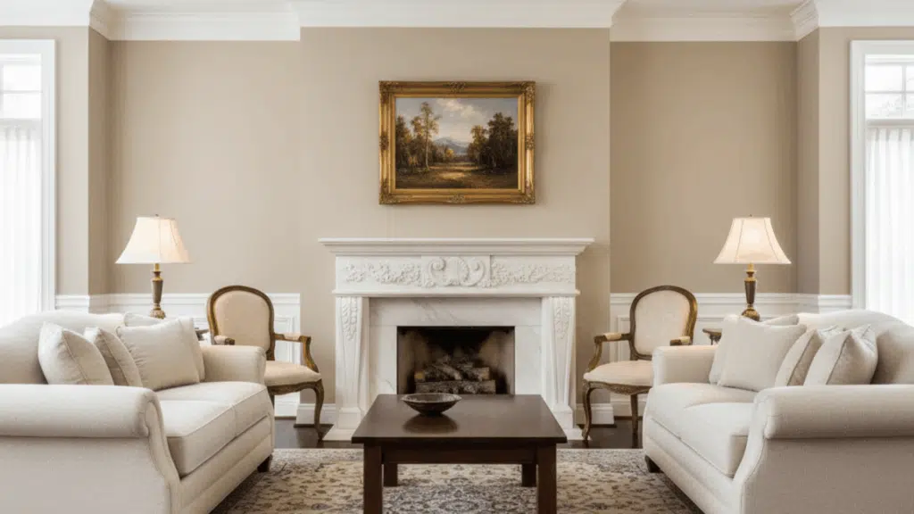 carved mantel fireplace as focal point in classic interior