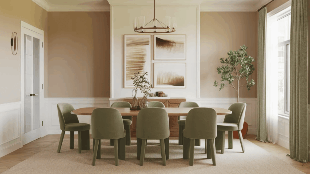 cascades green chairs in sashay sand colored dining room