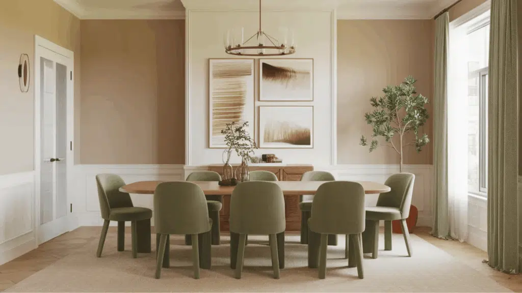 cascades green chairs in sashay sand colored dining room