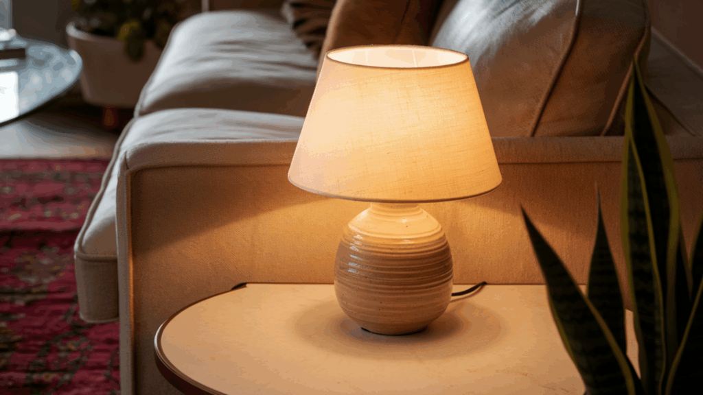 ceramic table lamp with a textured beige base and linen shade casting warm light on a styled sofa table surface