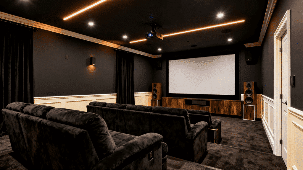 charcoal basement walls with white trim, home theater setup, plush seating, projector screen, and warm accent lighting