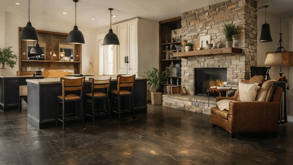charcoal farmhouse stained concrete floors with black accents