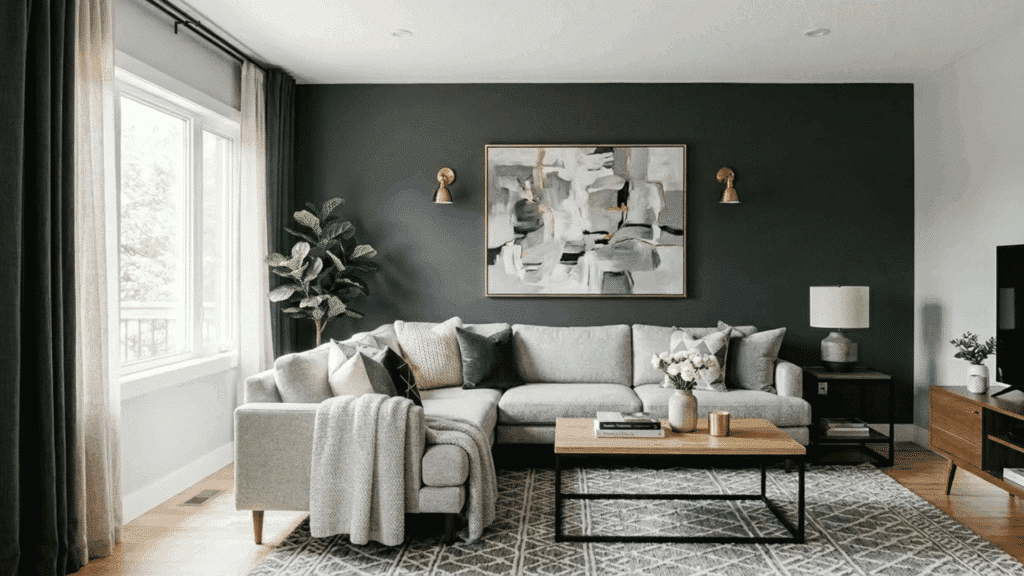 charcoal gray accent wall with sectional sofa, neutral decor, and large window.
