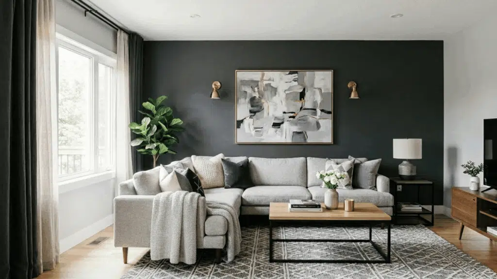 charcoal gray accent wall with sectional sofa, neutral decor, and large window.