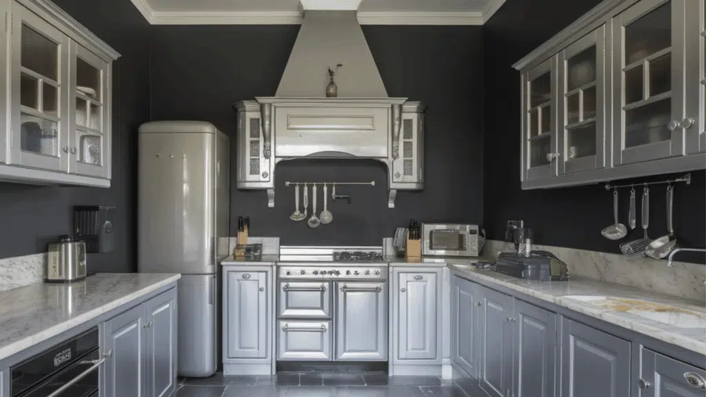 charcoal kitchen with marble counters, glass cabinets, and vintage-style refrigerator.