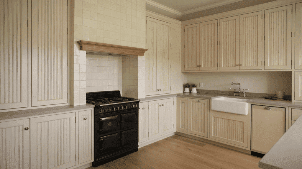 charming cabinet door featuring vertical grooves for a textured, cottage-style appearance.