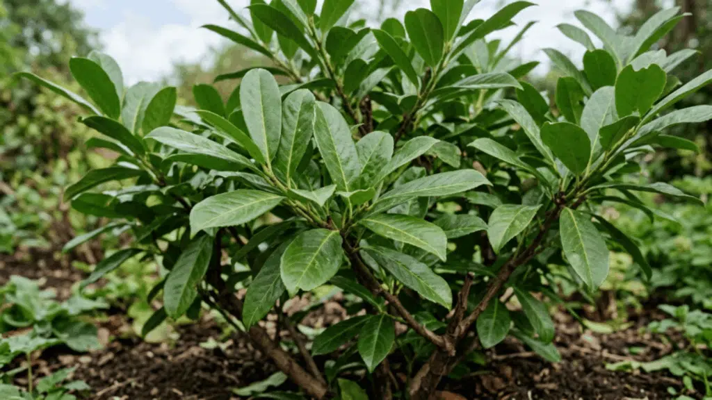 cherry laurel close view with broad glossy green leaves in soft light plant fully visible not cut from above with clear texture