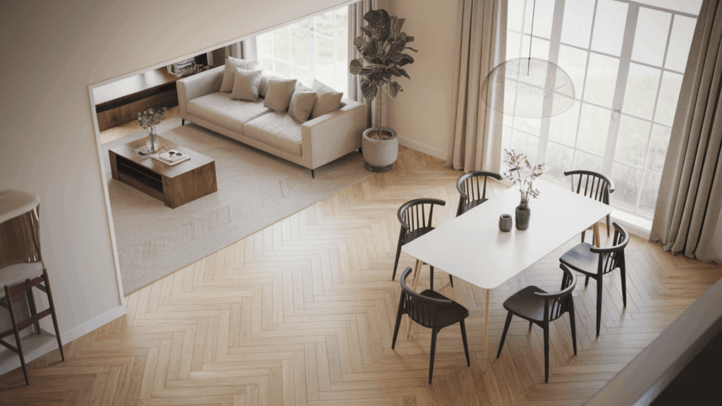 chevron floor pattern in a long open plan living and dining room showing how the directional lines extend the visual length of the space