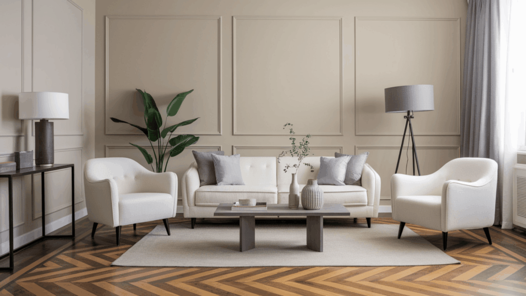 chevron wood floor in a contemporary living room with minimal decor and neutral walls highlighting the clean directional v shaped lines