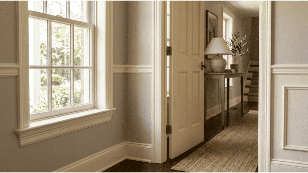 chiffon cream trim on window and door with warm soft tone in a cozy hallway with natural light and wood flooring