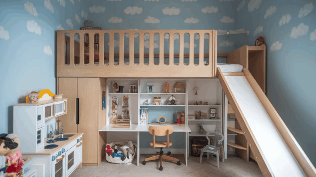 children's bedroom with a loft bed, cloud-themed walls, a slide, and a play area with toys and shelves.children's bedroom with a loft bed, cloud-themed walls, a slide, and a play area with toys an