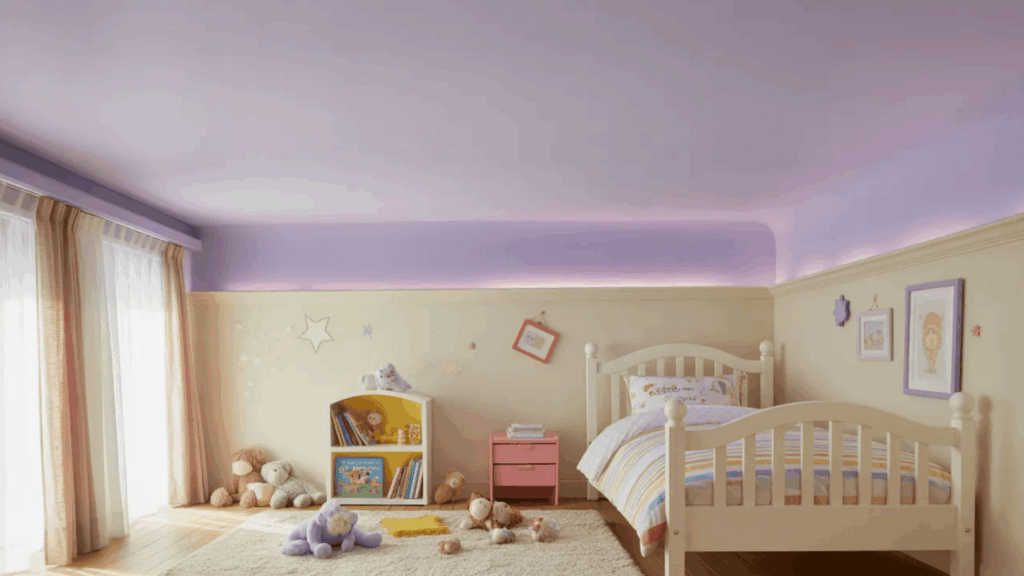 children's bedroom with lavender ceiling, pastel colored decor, and toys