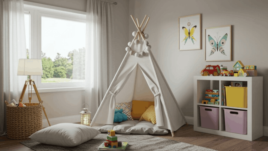 children's playroom with a teepee tent, colorful toys, and storage cubes for organizing