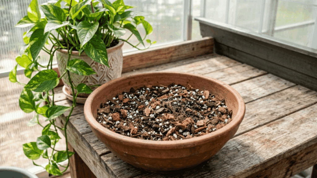 chunky tropical soil mix with bark coir and perlite spread beside a trailing pothos plant showing airy structure