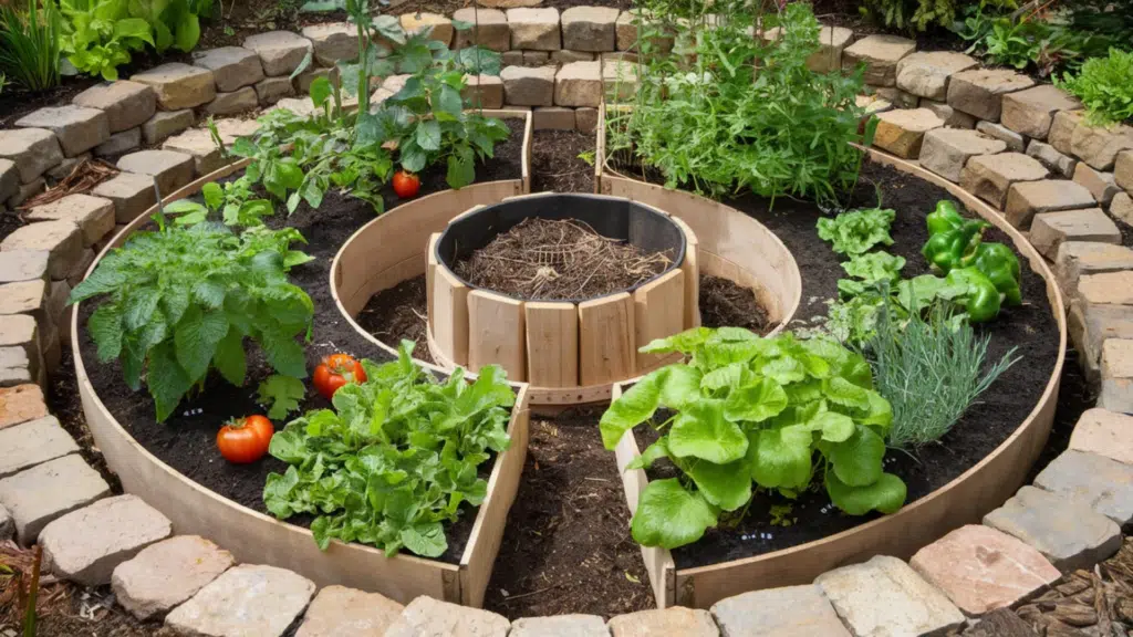 circular raised garden bed with divided sections growing lettuce tomatoes peppers and herbs surrounding a central compost basket