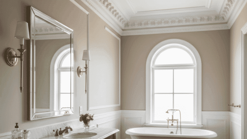 classic bathroom with freestanding tub, marble vanity, brass fixtures, crown molding, and arched window