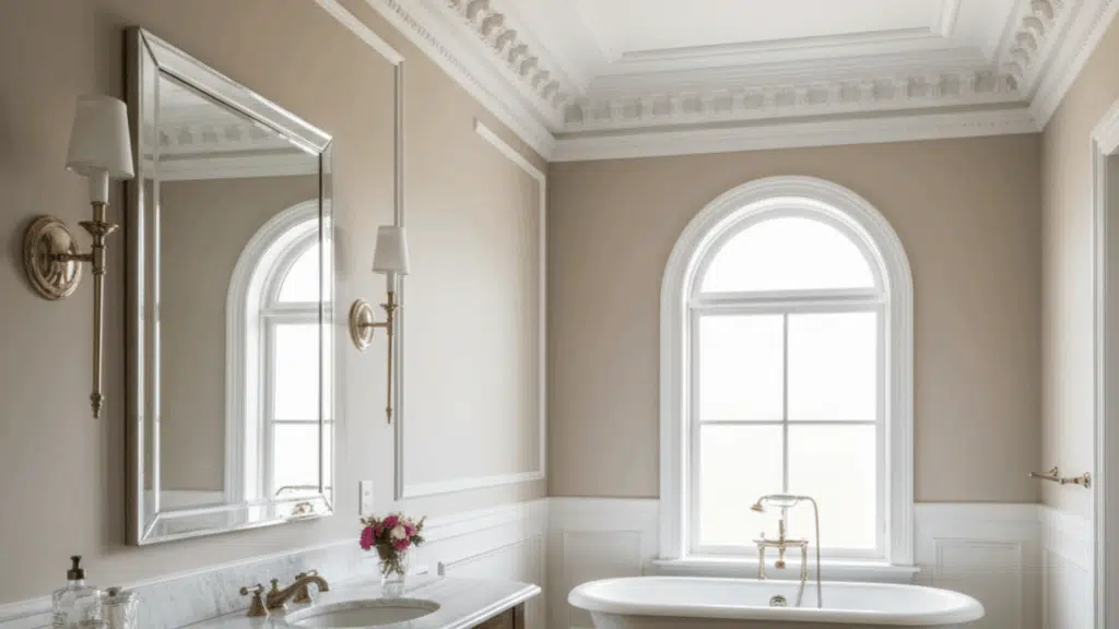 classic bathroom with freestanding tub, marble vanity, brass fixtures, crown molding, and arched window