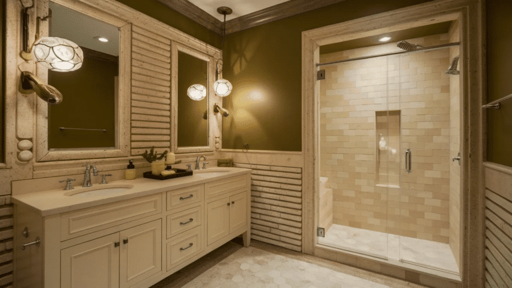 classic bathroom with olive green walls, cream double vanity, stone framed mirrors, and glass walk in shower with beige tile