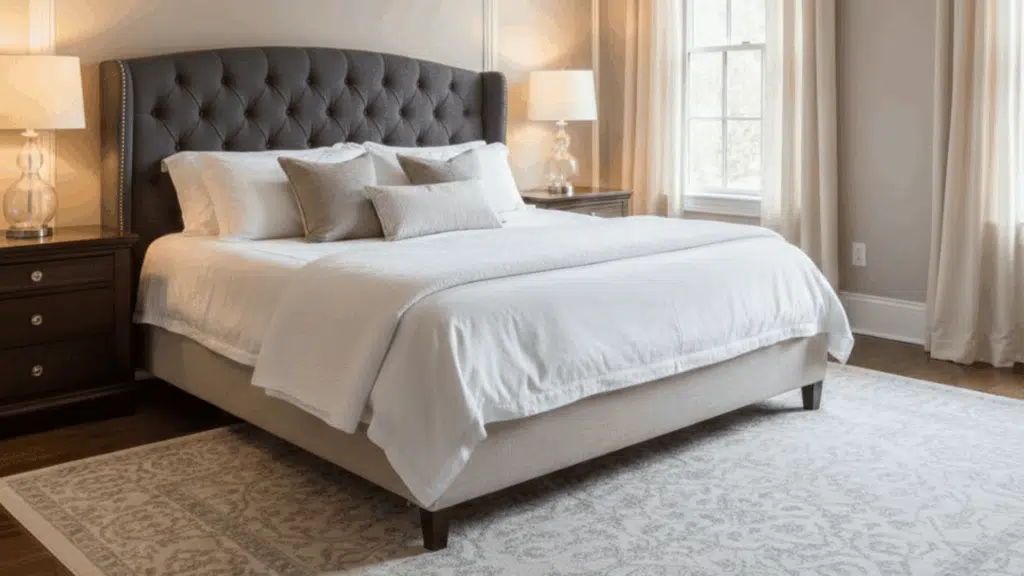 classic bedroom with tufted headboard, neutral bedding, wooden nightstands, and light area rug