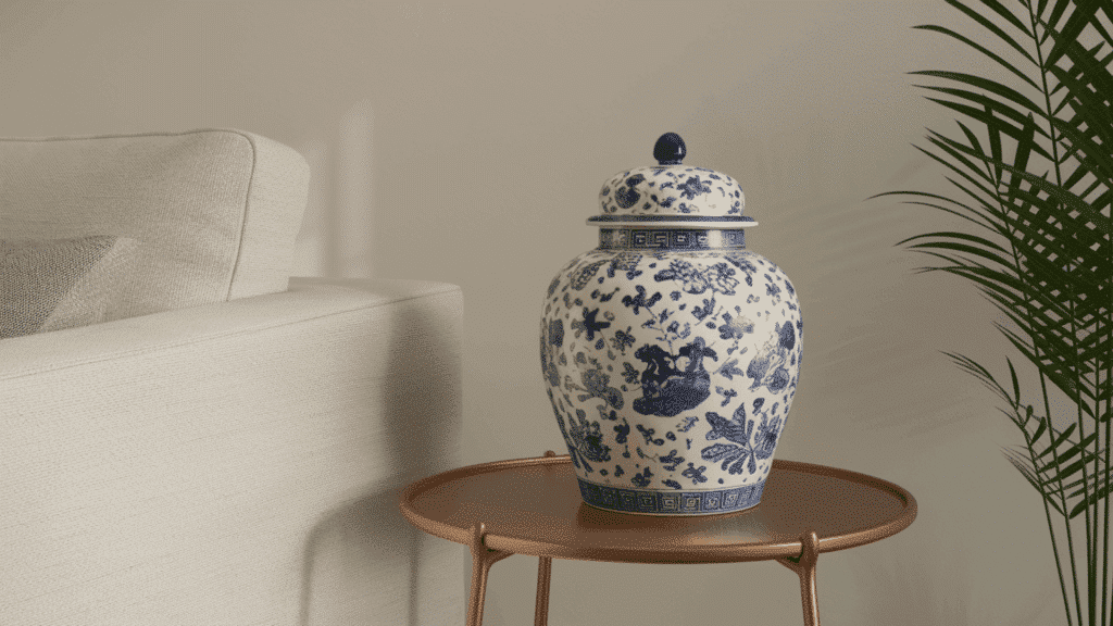 classic blue and white patterned ginger jar placed as a standalone decorative piece on a sofa table in soft natural light
