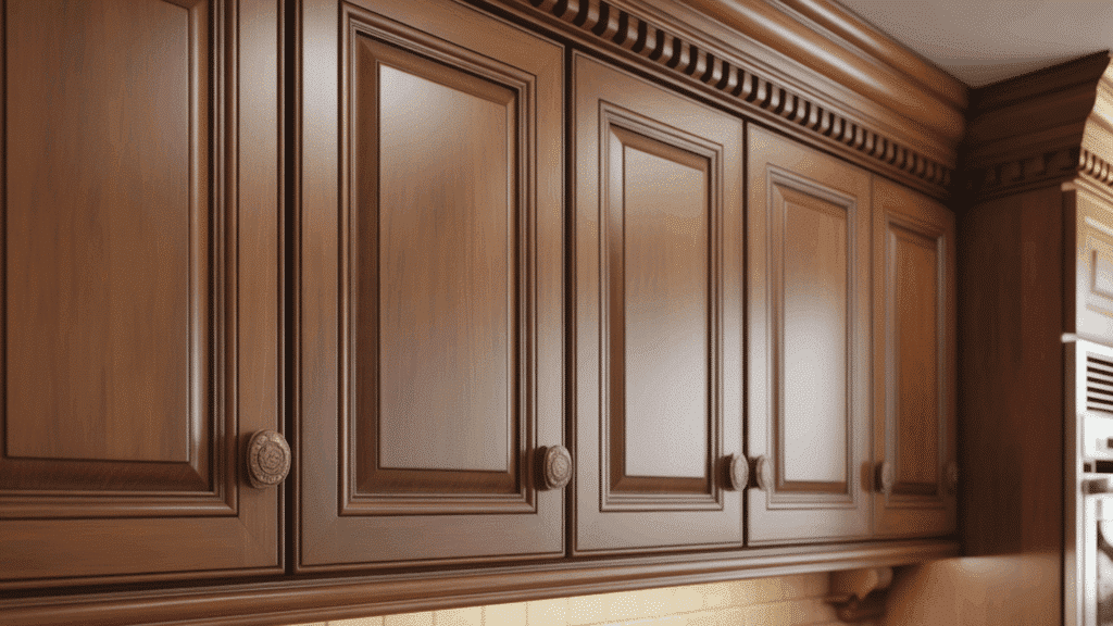 classic cabinet door with a raised center panel and decorative frame creating depth.