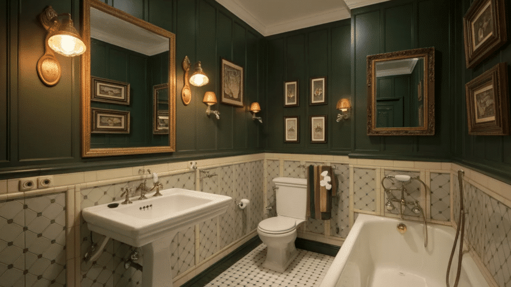 classic dark green bathroom with paneled walls, framed artwork, pedestal sink, white toilet, vintage style bathtub, and patterned tile wainscoting