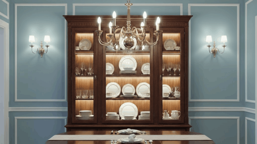 classic dining room with wooden china cabinet, chandelier, blue paneled walls, and traditional rug