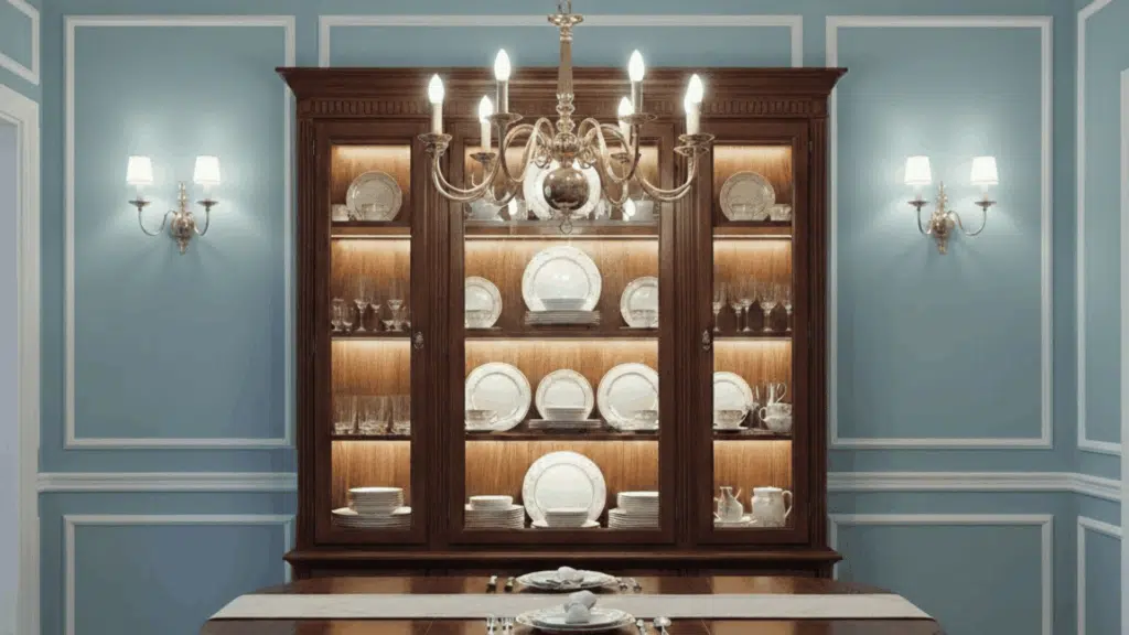 classic dining room with wooden china cabinet, chandelier, blue paneled walls, and traditional rug