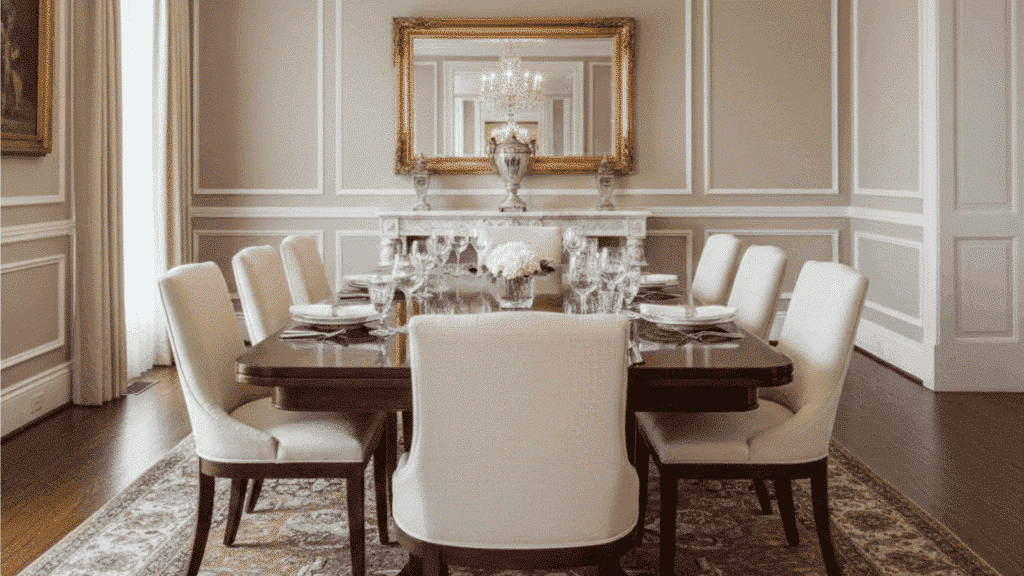 classic dining room with wooden table, upholstered chairs, paneled walls, gold mirror, and persian rug