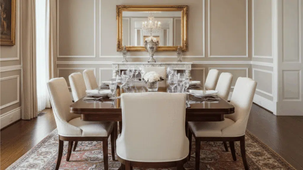 classic dining room with wooden table, upholstered chairs, paneled walls, gold mirror, and persian rug
