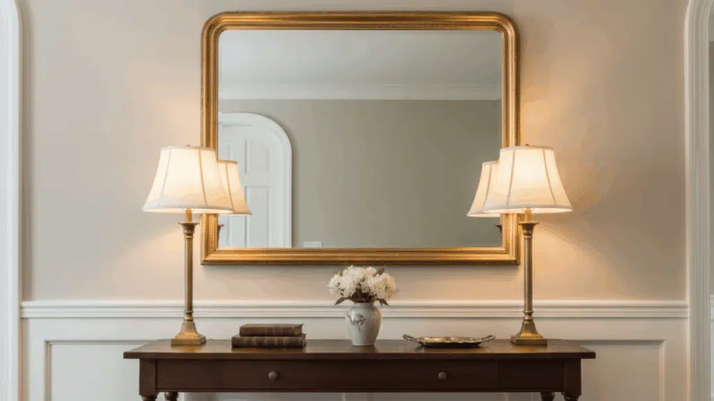 classic entryway with wooden console table, matching lamps, gold mirror, and white wainscoting