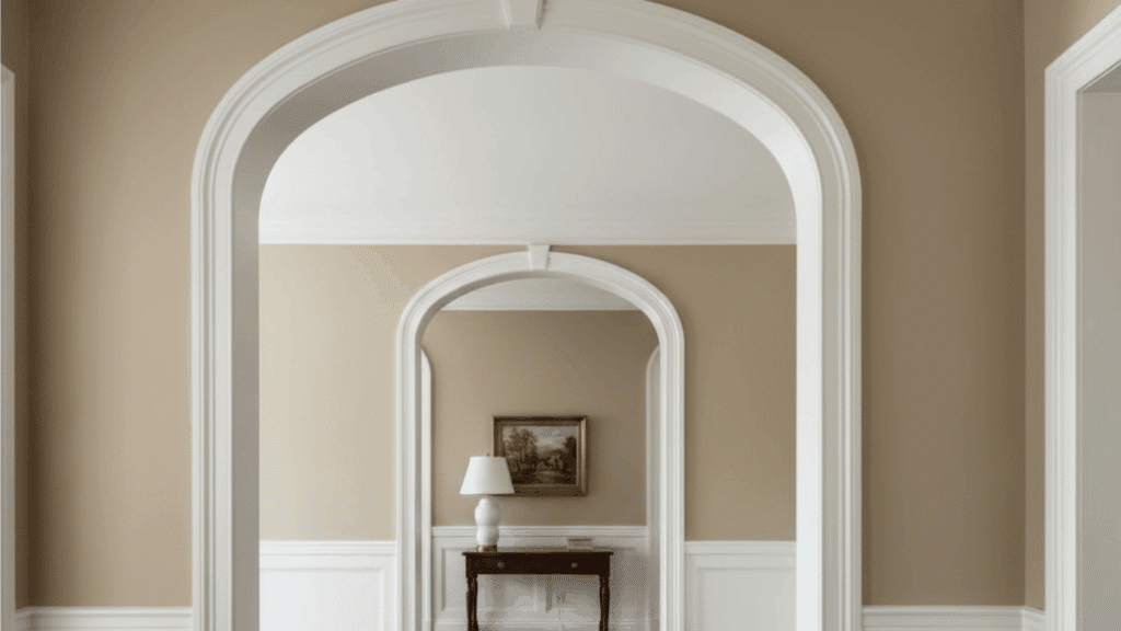 classic hallway with arched doorways, white wainscoting, hardwood floors, and console table with lamp