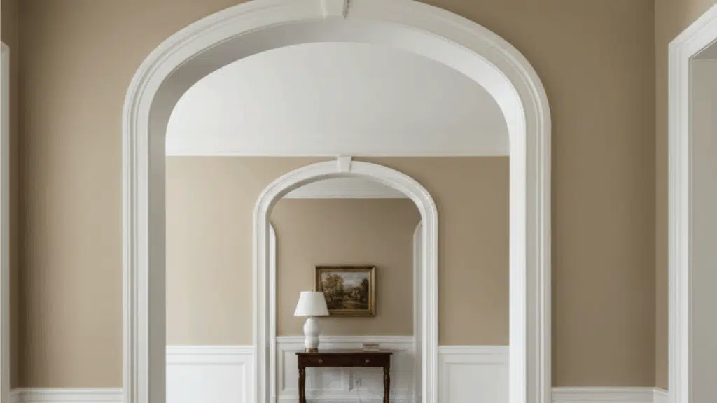 classic hallway with arched doorways, white wainscoting, hardwood floors, and console table with lamp