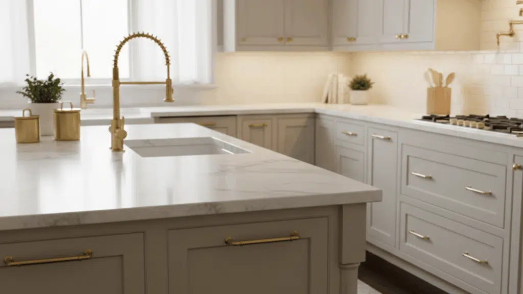 classic kitchen with marble island, brass faucet, light cabinetry, and gold hardware