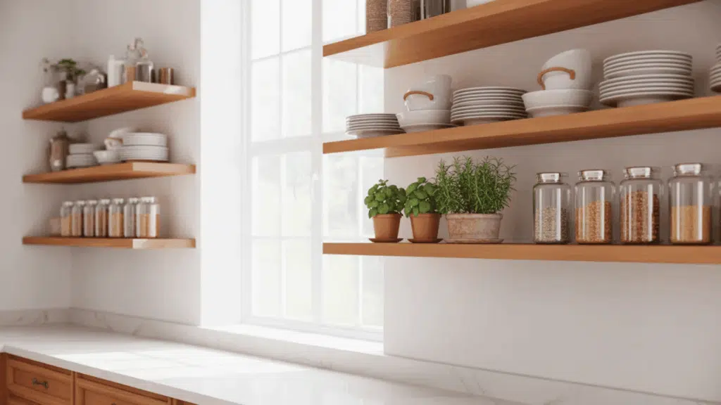 classic kitchen with wooden open shelves displaying plates jars and plants