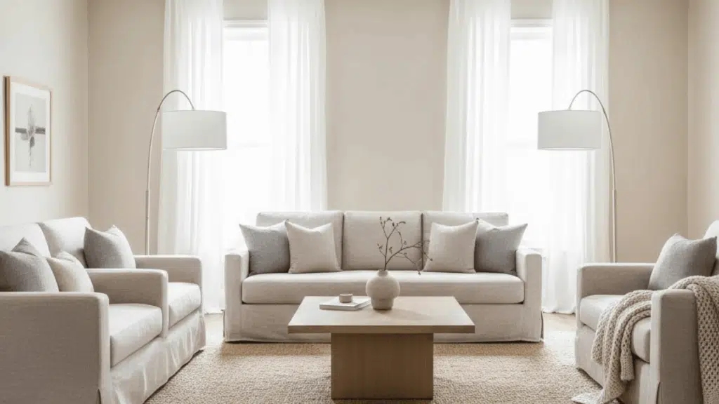 classic living room in neutral cream and beige color palette