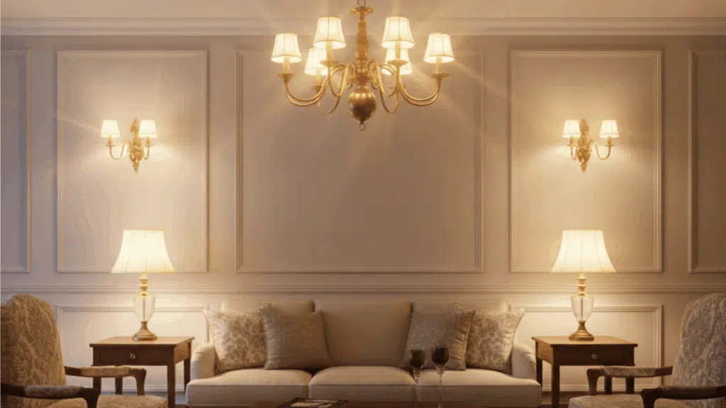 classic living room with chandelier, wall sconces, beige sofa, patterned rug, and symmetrical seating arrangement