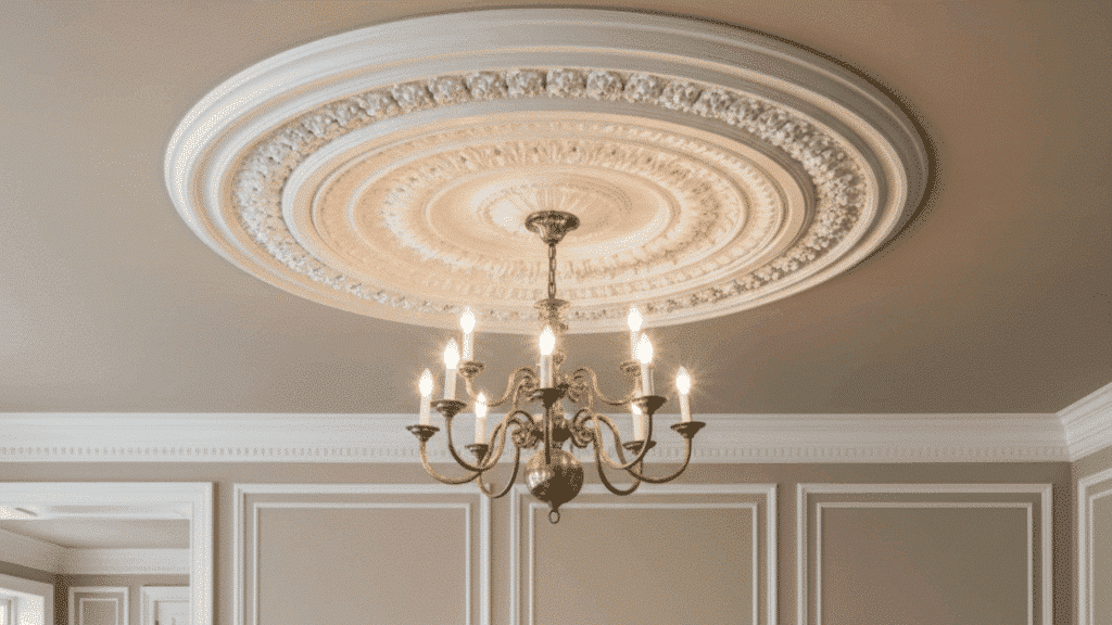 classic living room with decorative ceiling medallion and brass chandelier