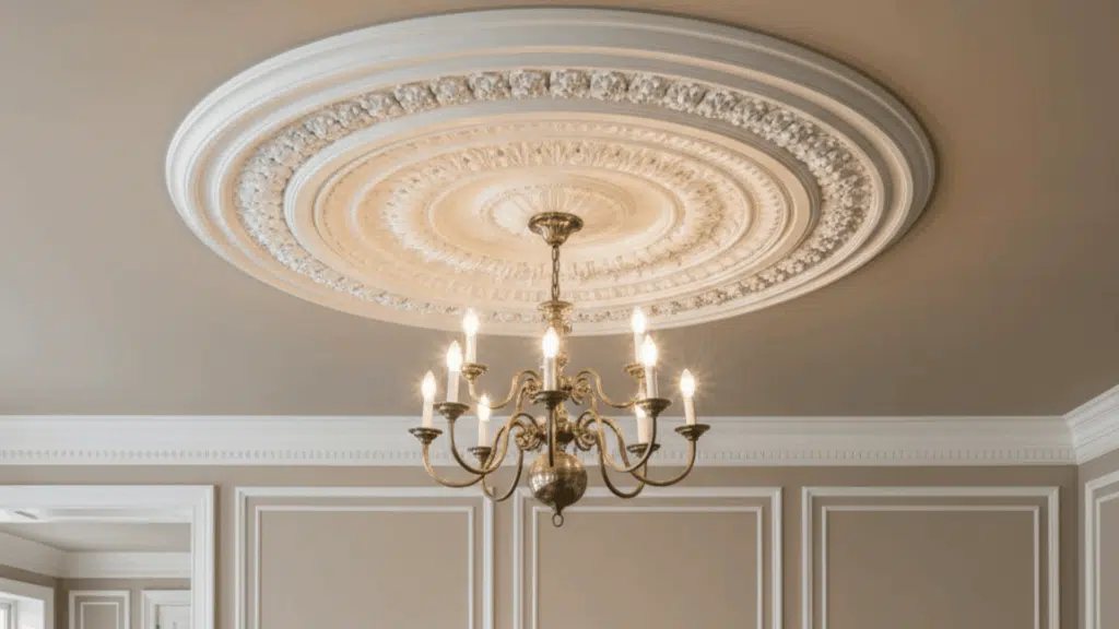 classic living room with decorative ceiling medallion and brass chandelier