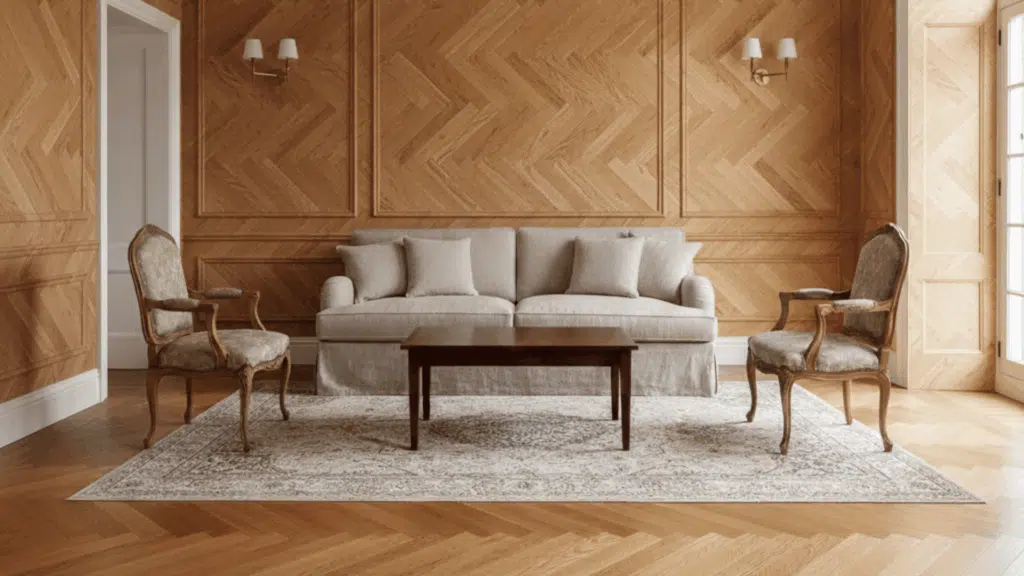 classic living room with herringbone wood floor, paneled walls, neutral sofa, and vintage armchairs