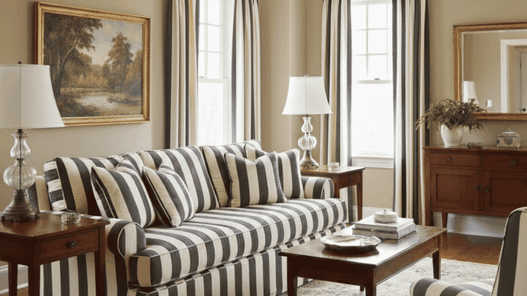 classic living room with striped sofa and curtains, wooden coffee table, neutral walls, and patterned rug