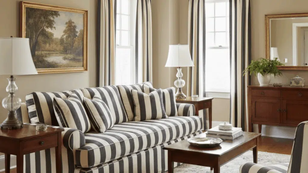 classic living room with striped sofa and curtains, wooden coffee table, neutral walls, and patterned rug