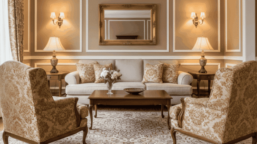 classic living room with symmetrical layout, patterned armchairs, beige sofa, wooden coffee table, and gold mirror