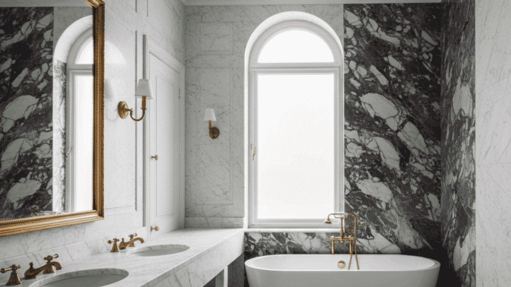 classic marble bathroom with freestanding tub, gold fixtures, double vanity, and arched window