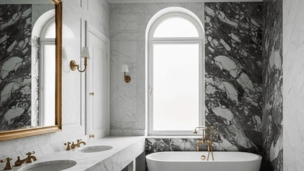 classic marble bathroom with freestanding tub, gold fixtures, double vanity, and arched window