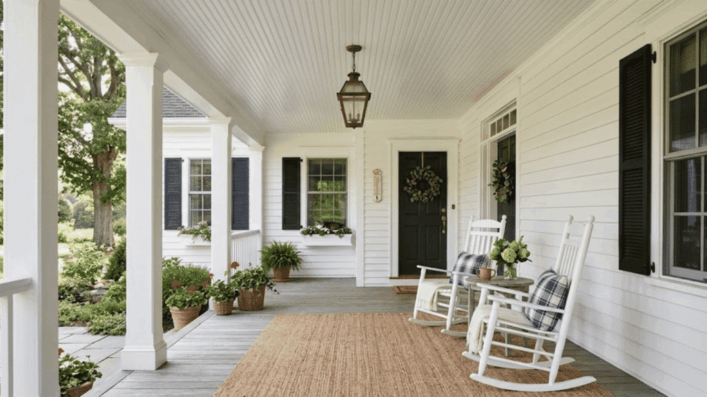 classic white beadboard porch ceiling with vertical grooves on a farmhouse-style front porch with rocking chairs and hanging lantern.