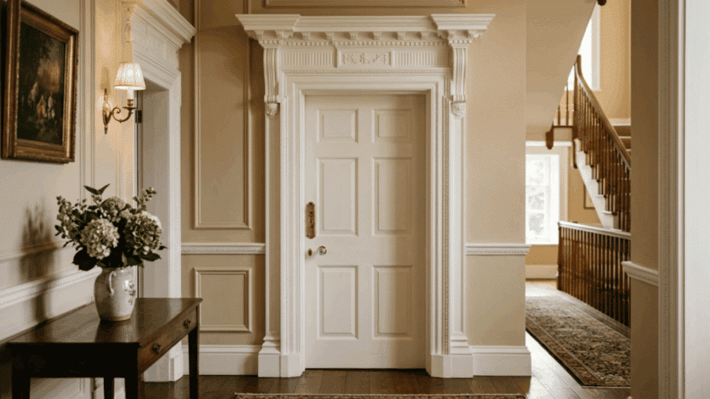 classic white door casing with detailed layered molding and decorative trim in a traditional interior setting